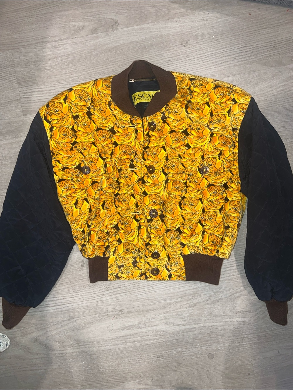 Y2K Escada Dog Pug face Print Quilted Bomber Jacket with Black Sleeves
